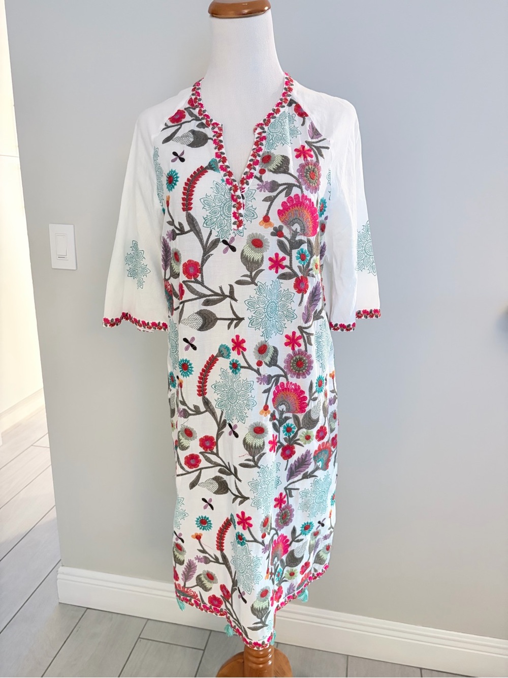 Lula Soul White Floral Embroidered Midi Dress with Turquoise & Pink Accents